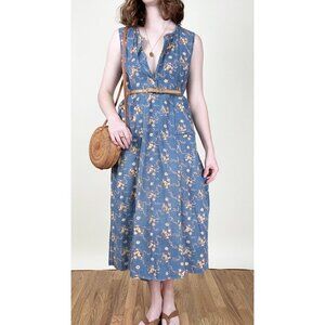 Vintage Floral Corduroy Midi Maxi Dress Cottagecore Rustic Boho Prairie Western